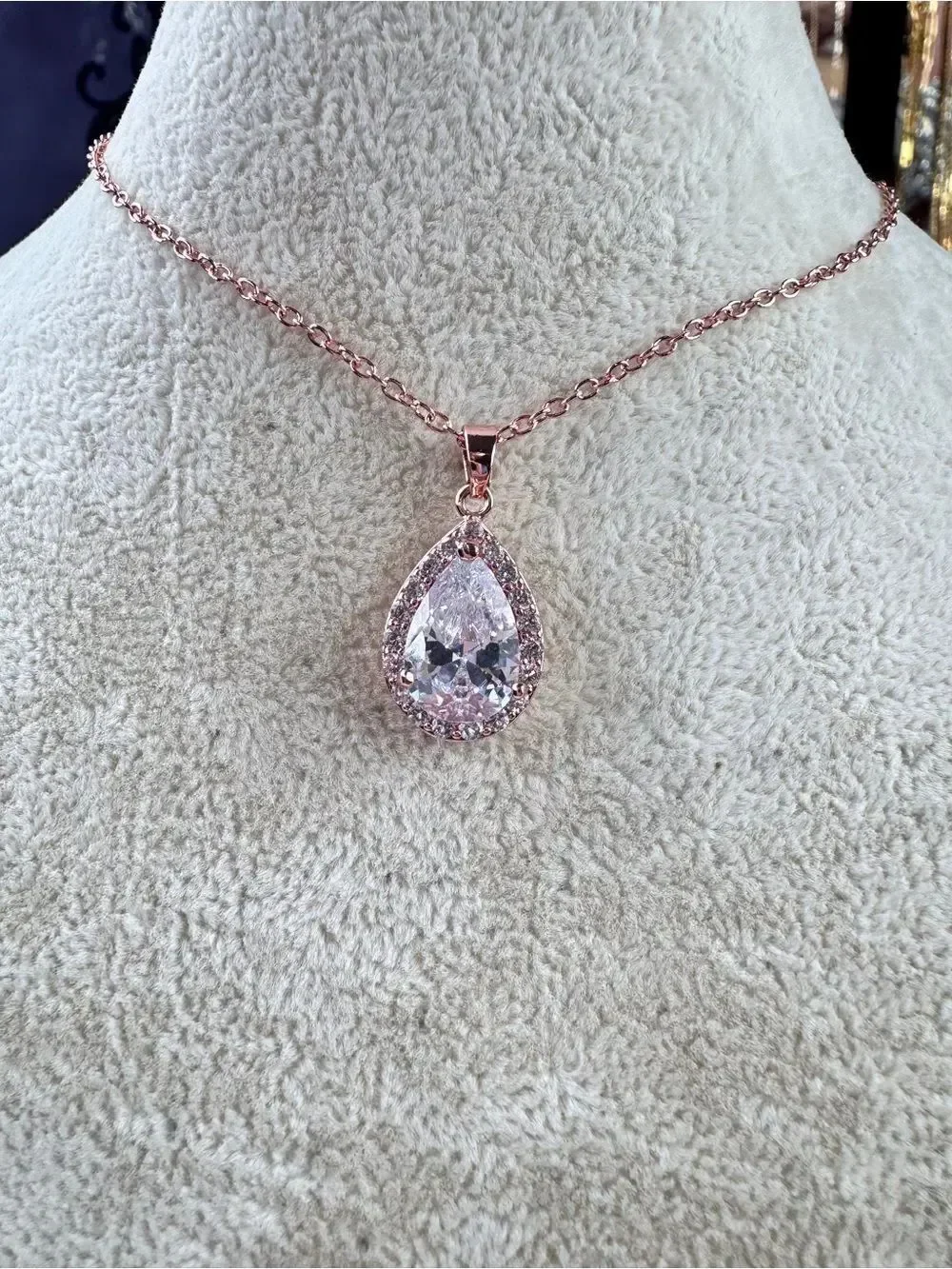 Rose Gold Teardrop Cubic Zirconia Pendant Necklace with Clear Cubic Zirconia